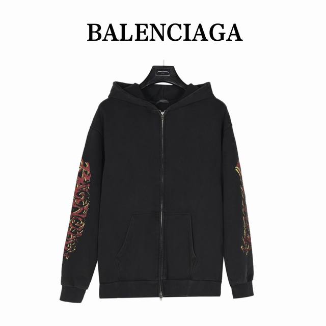 Balenciaga 巴黎世家23Fw 水洗做旧梵文拉链连帽外套 Ddd 420克全棉高品质卫衣面料 重工做旧水洗工艺 进口机器设备洗水怀旧固色 Ddd 原版一