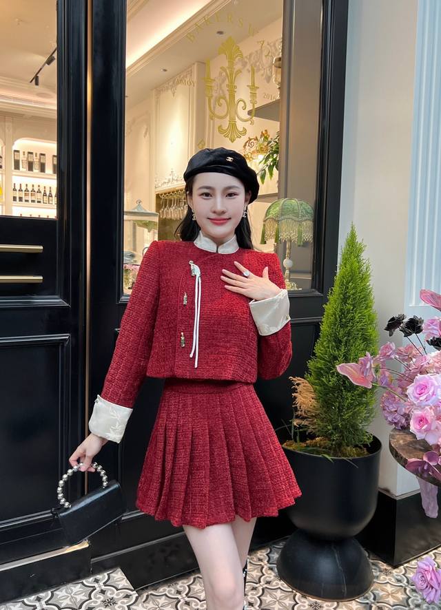 套装 冬季女装圣诞套装新中式民国小洋装高级感灰色红色新年气质名媛两件套cx 码数:S M L X L