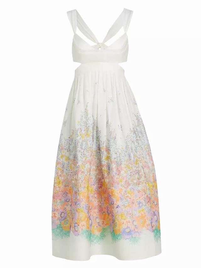 Zimmermann 这款连衣裙以 August 八月 为名 散发满满的夏日气息 它以品牌知名的真丝栖丽纱面料制成 清新淡雅的印花仿佛是从某处花园觅得 胸衣式上