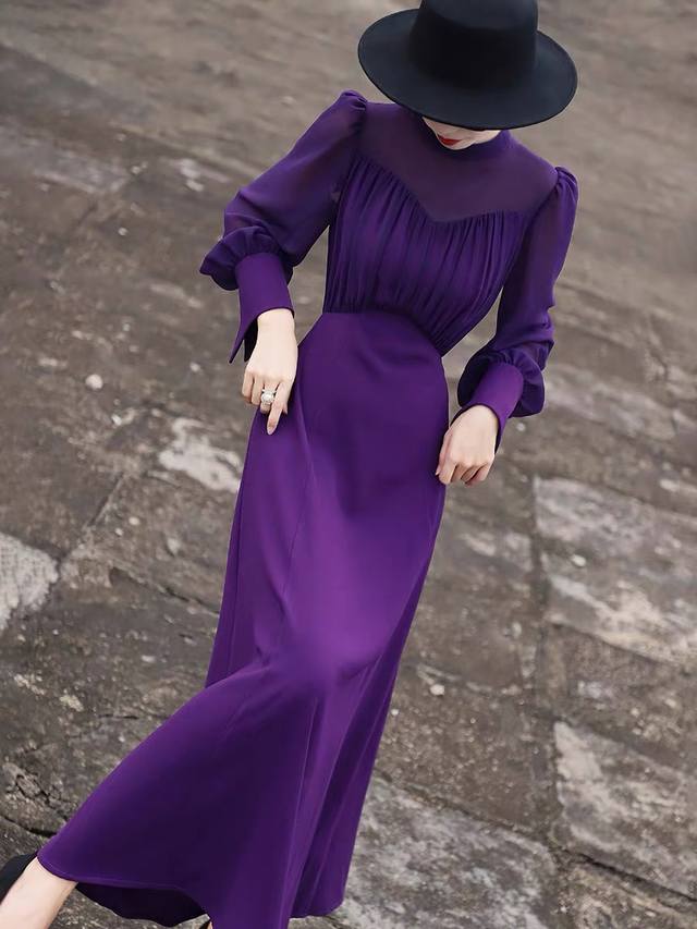 高贵优雅紫色 高级感2024春季新款气质优雅立领系带长袖收腰纯色连衣裙smlxl