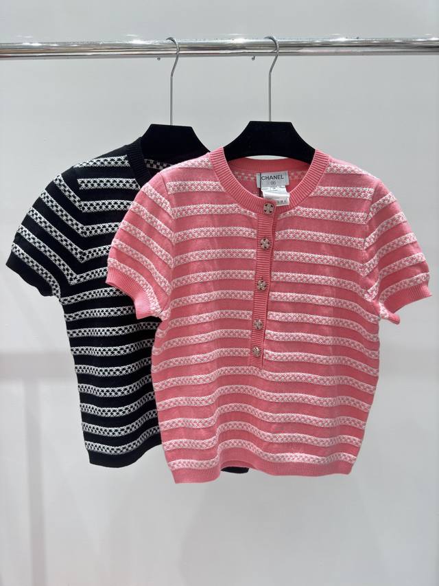 Ch家 圆领条纹针织短袖半开衫 颜色 粉色 黑色 尺码 36.38.40