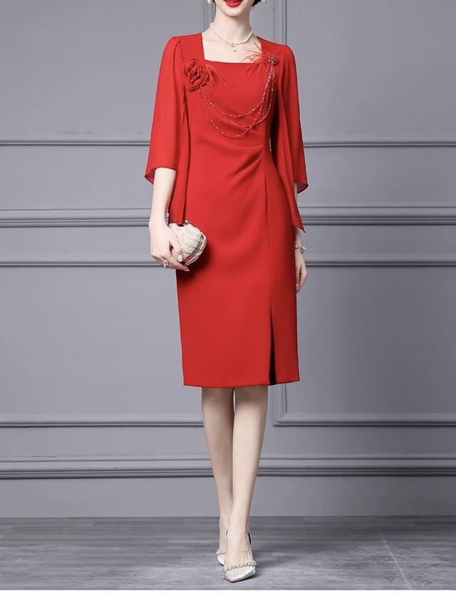 连衣裙 时尚气质优雅连衣裙 有红色 玫红色 绿色 M Xxl四个码