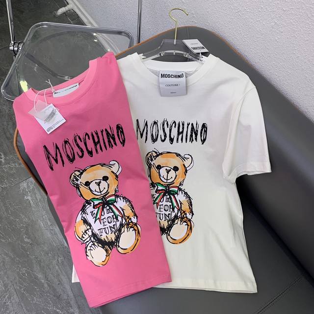 Moschino2024早春新款涂鸦手绘字母公仔小熊t恤 白色 粉色sml