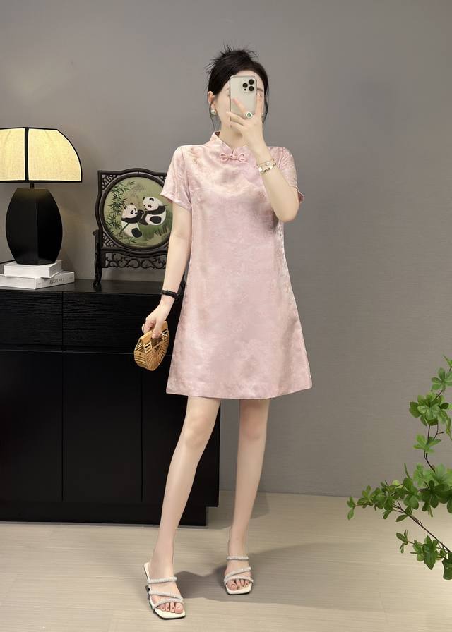 连衣裙 2054夏季新款 清明上河图 提花人丝连衣裙出货 定制面料 A字版型 米白 浅粉 S-Xxl