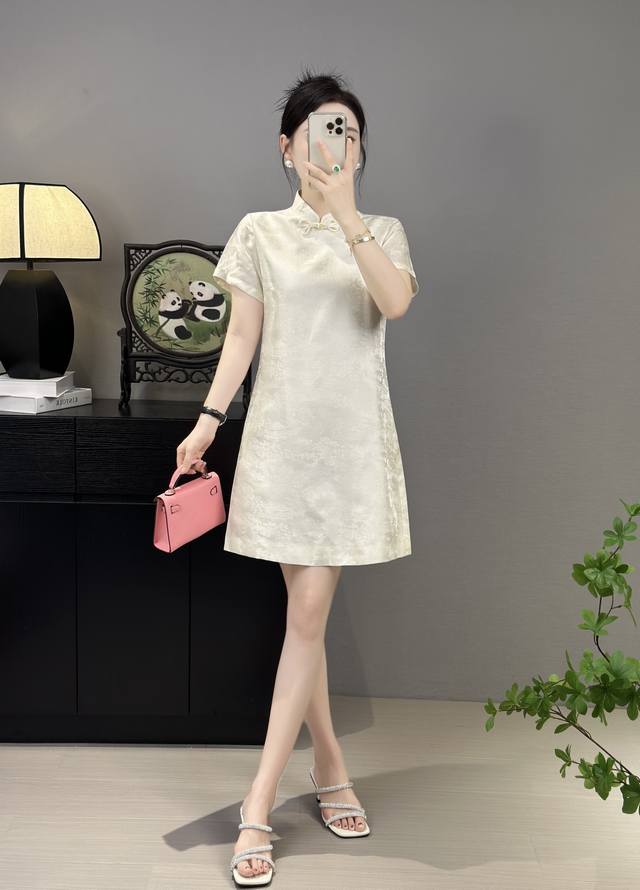 连衣裙 2054夏季新款 清明上河图 提花人丝连衣裙出货 定制面料 A字版型 米白 浅粉 S-Xxl