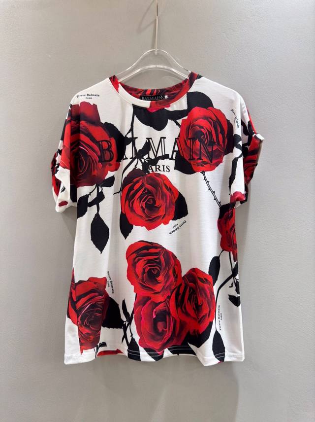 Balmain巴尔曼2024春夏女士新款红色玫瑰花休闲时尚圆领宽松时髦短袖t恤。Smlxl