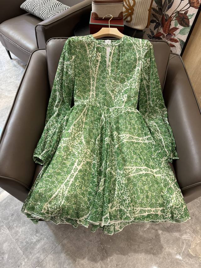 Jf026#新款真丝 法式浪漫 印花 100%真丝长袖连衣裙绿色 Smlxl