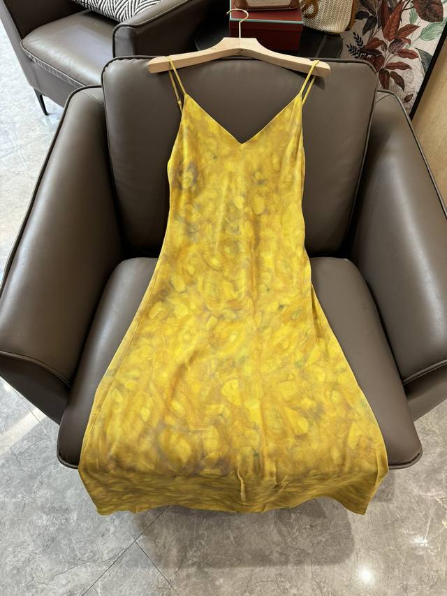Jf028#新款真丝裙 100% 真丝印花 显白吊带真丝裙 黄色 Smlxl