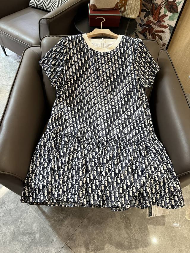 Xh065#新款连衣裙 Dior 字母老花印花短袖连衣裙 蓝色 Sml
