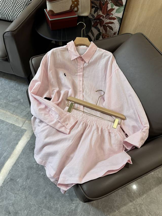 Jm012#新款套装 Polo 长袖麻料衬衫短裤套装 白色 粉色 Sml