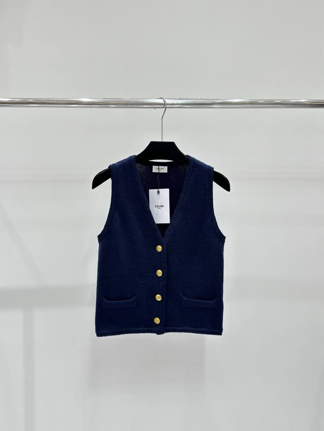 Celi瑟琳 春夏新款 纯色v领金属扣针织开衫背心，颜色：宝蓝，尺码：36.38.40。