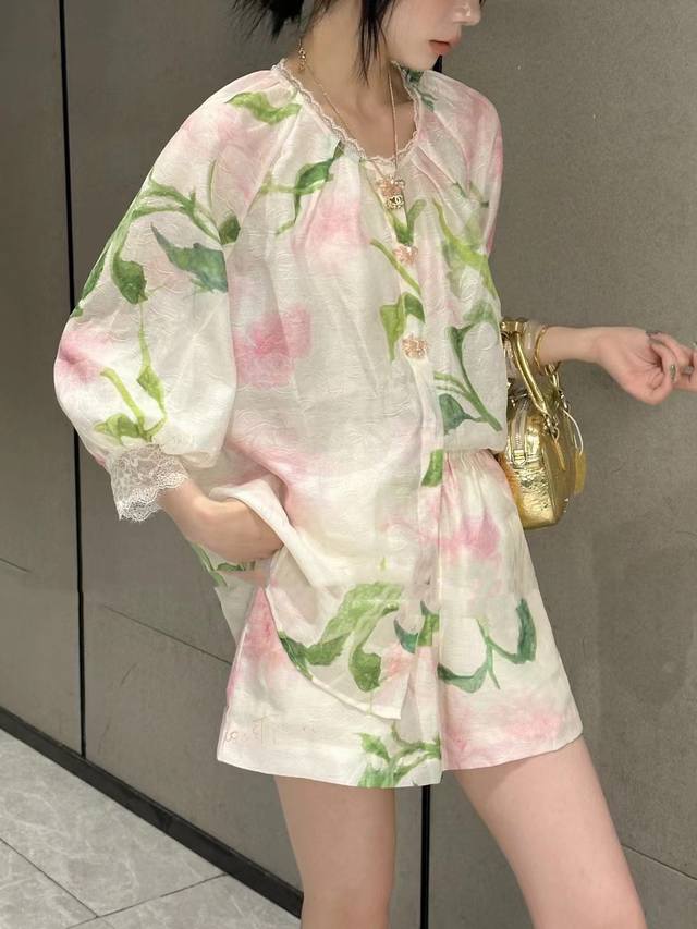 套装 夏装高级感新中式国风气质粉色印花衬衫套装裤女爆款套装 码数smlxl