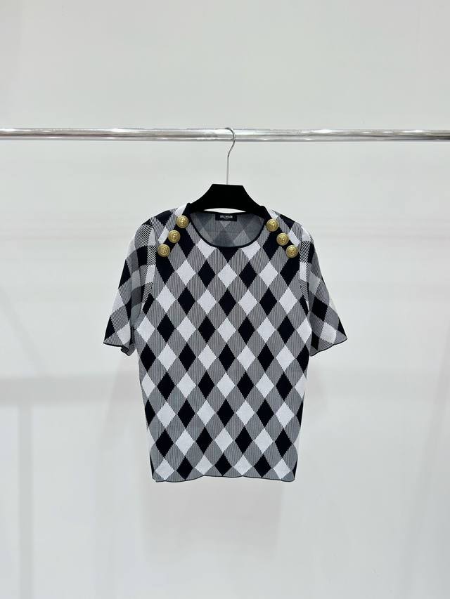 Ba家 春夏新款 网格纹金属扣针织短袖 颜色：黑色 尺码：36.38.40