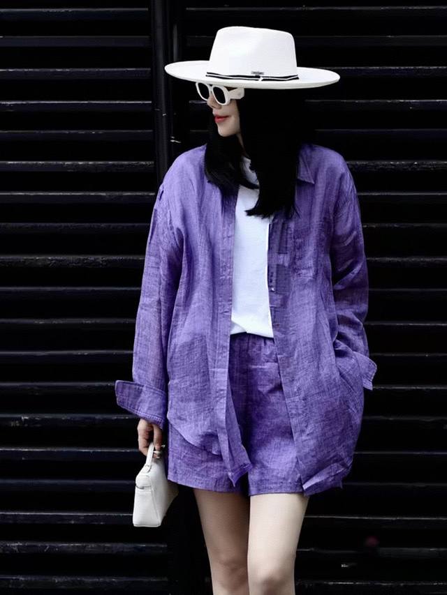 套装 网红2024炸街套装冷淡风盐系穿搭高级时装紫色亚麻衬衫两件套女夏. Smlxl