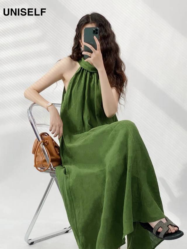 连衣裙 度假风亚麻挂脖连衣裙 巨显白的绿色 设计感气质无袖a字裙smlxl 面料：棉麻