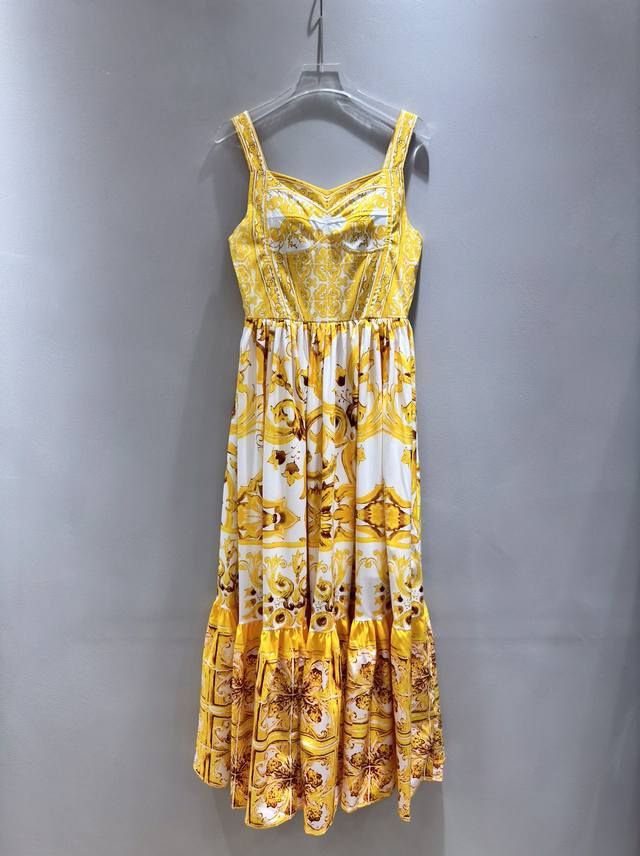 Dolce&Gabbana 2024新品黄色陶瓷印花青花瓷褶裥棉质吊带大裙摆连衣裙长裙。Smlxl