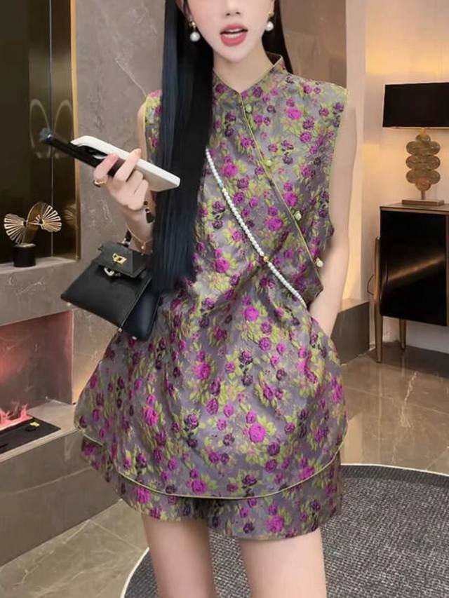 套装 爆款推荐！！新中式女装禅意国风欧货时尚洋气紫色无袖两件套smlxl