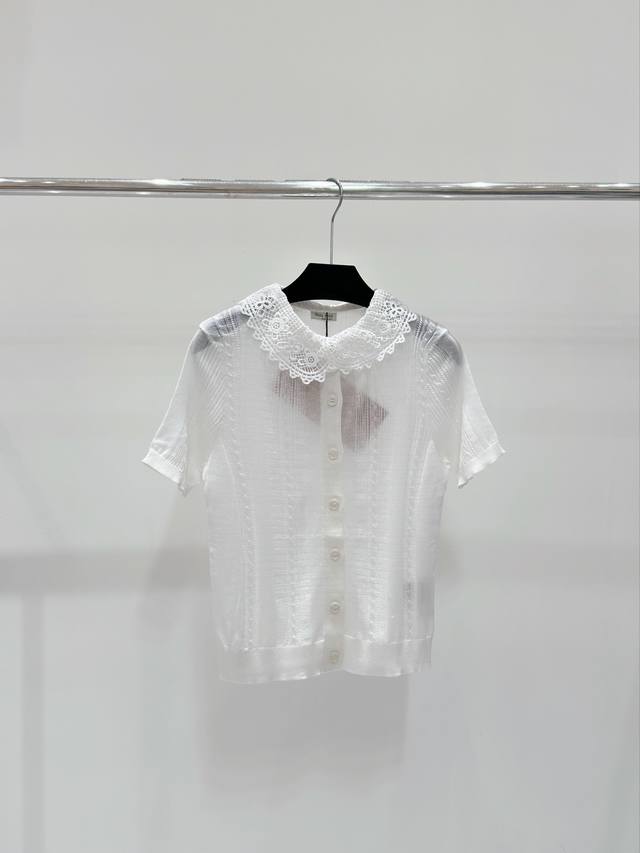 Miu家 春夏新款 纯色拼接娃娃领针织短袖 颜色：白色 尺码：36.38.40