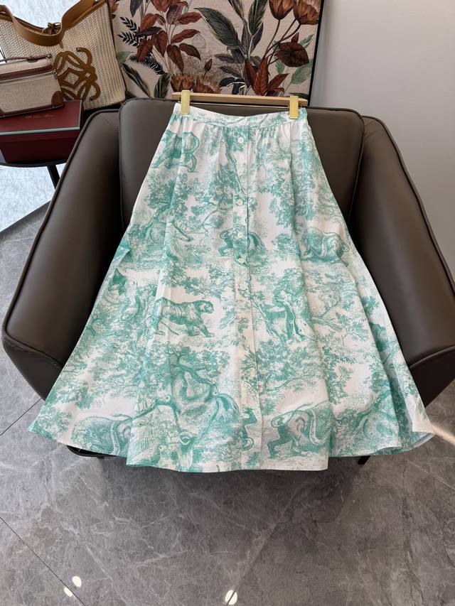 新款半裙 Dior 顶级 一排扣 最印花棉料 丛林动物印花 半裙 绿色 Smlxl