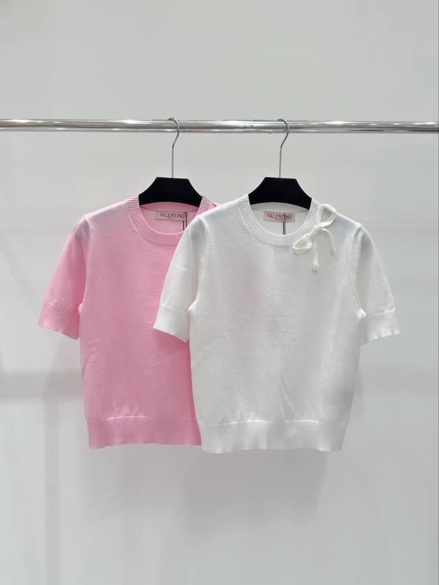 Va家 春夏新款 纯色简约领边蝴蝶结饰品针织短袖 颜色：白色 粉色 尺码：36.38.40