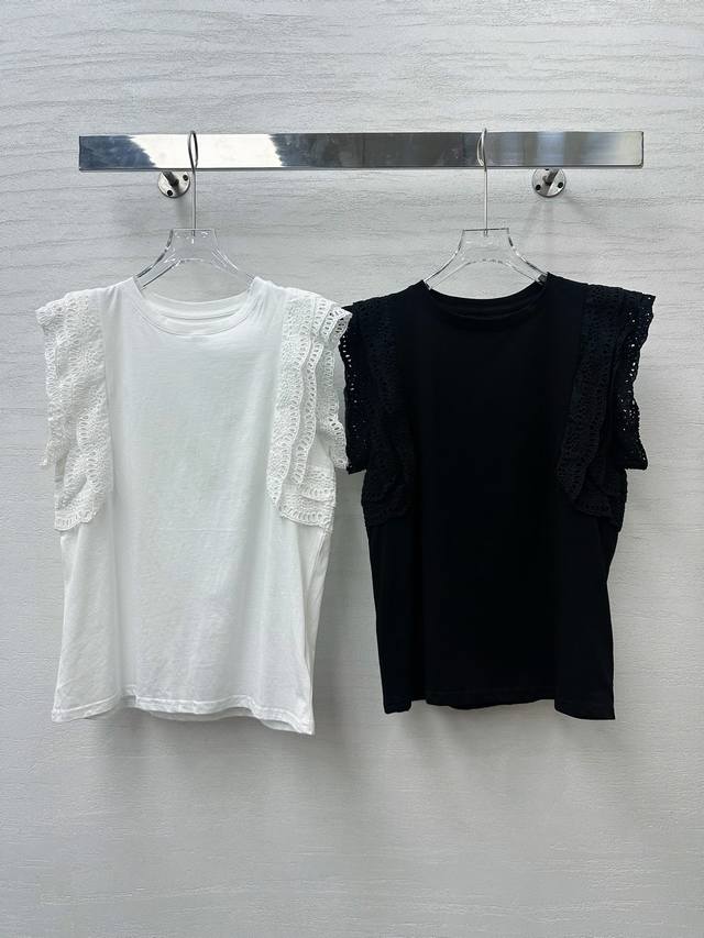 新款小众设计师款蕾丝镂空圆领t恤 黑色 白色 Sml