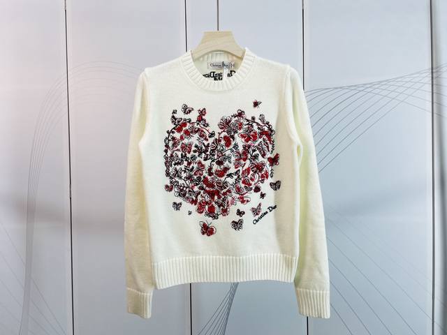 Dior&迪奥新款重工刺绣工艺红色蝴蝶花朵图案系列圆领长袖针织衫sml现货供应