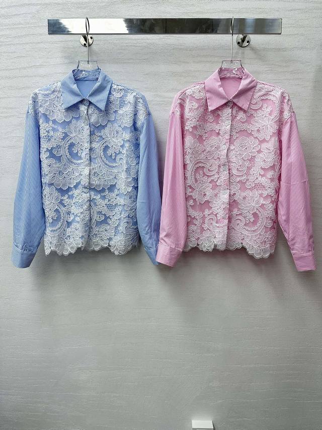 新款小众设计重工刺绣镂空网纱条纹衬衫衬衫 蓝色 粉色sml