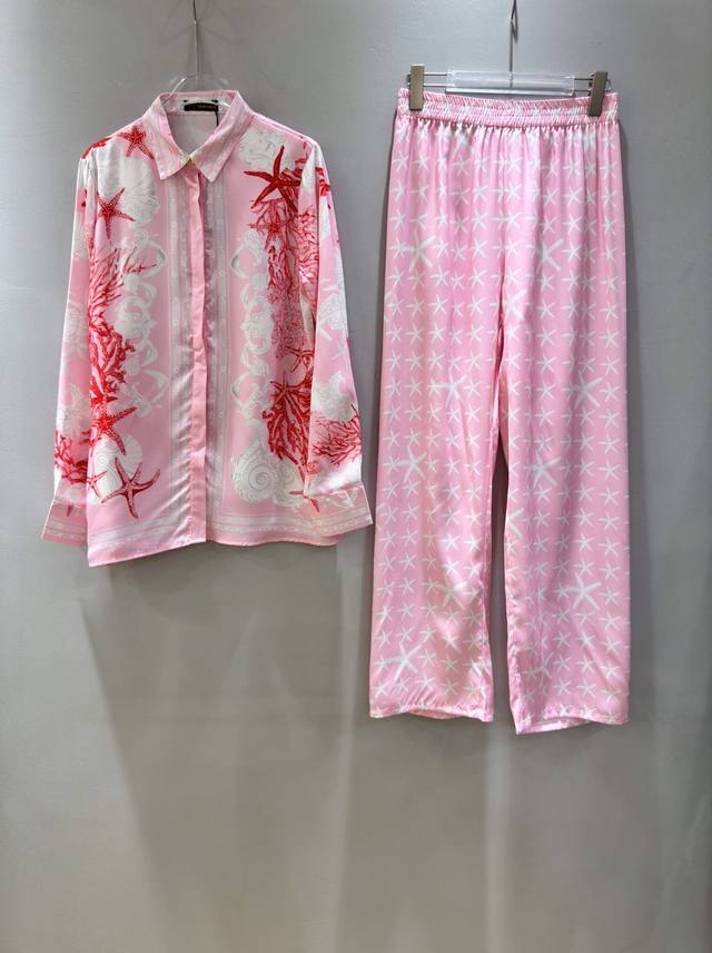 套装versace 范思哲女士 2024新款粉色底海星印花长袖衬衫粉色阔腿裤长裤 套装两件套。Smlxl
