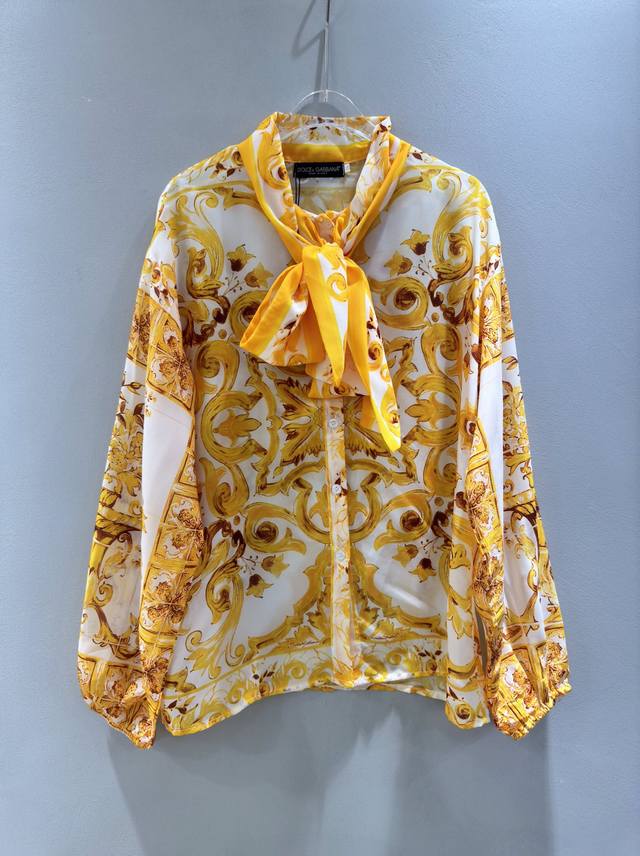 D＆G 杜嘉班纳女士 青花瓷系列 黄色印花黄花瓷系带蝴蝶结大飘带罩衫长袖衬衫。Smlxl