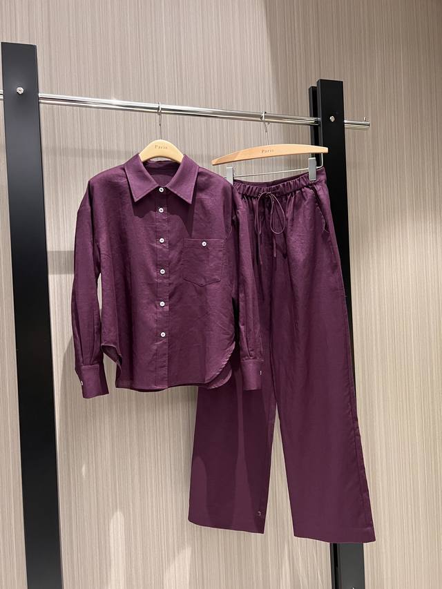 新款简约麻料休闲套装 慵懒时尚老钱风 透气舒适 通勤气质甜酷减龄 紫色白色 S-Xl